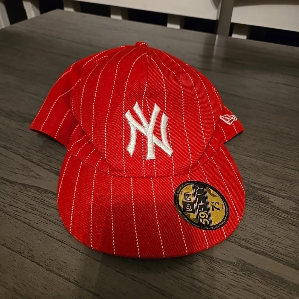 New Era Red Pinstripe Cap with White Logo